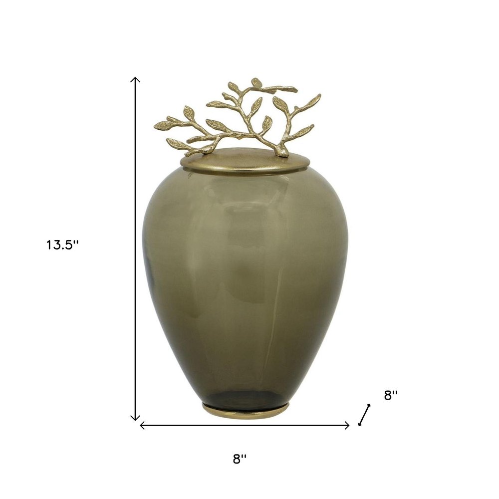 14" Dark Green And Gold Glass And Metal Round Ginger Jar HomeRoots