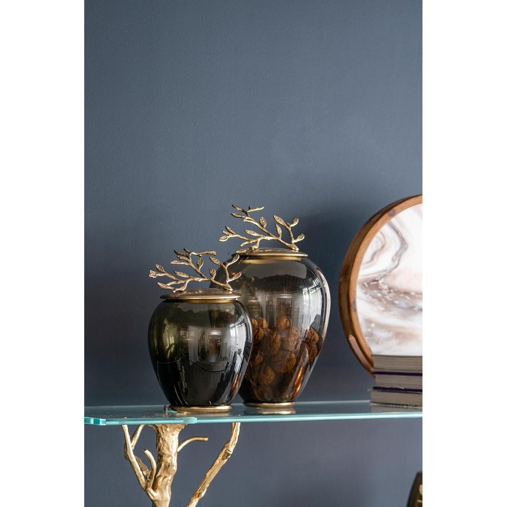14" Dark Green And Gold Glass And Metal Round Ginger Jar HomeRoots