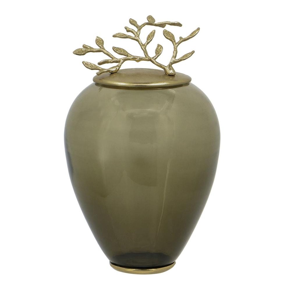 14" Dark Green And Gold Glass And Metal Round Ginger Jar HomeRoots