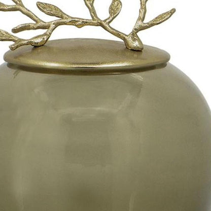 14" Dark Green And Gold Glass And Metal Round Ginger Jar HomeRoots