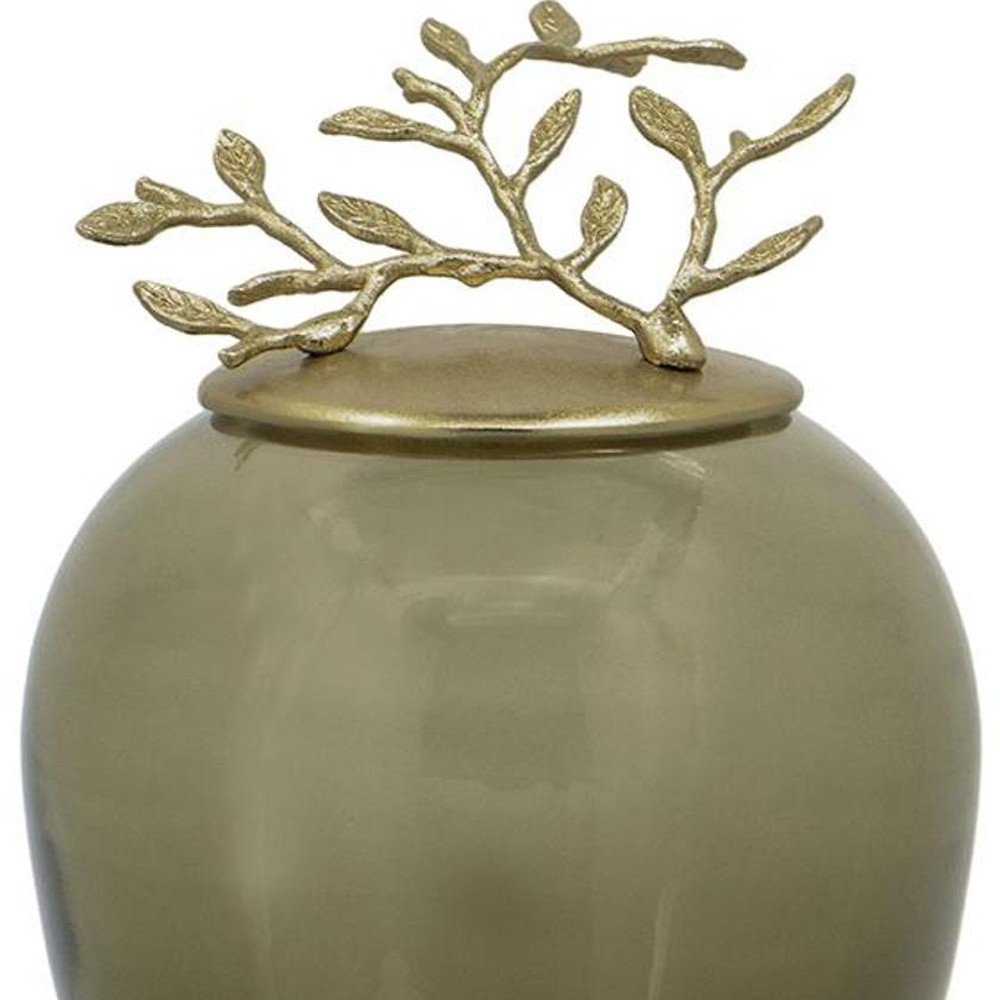 14" Dark Green And Gold Glass And Metal Round Ginger Jar HomeRoots