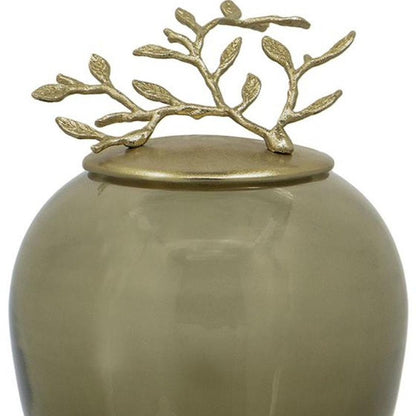 14" Dark Green And Gold Glass And Metal Round Ginger Jar HomeRoots