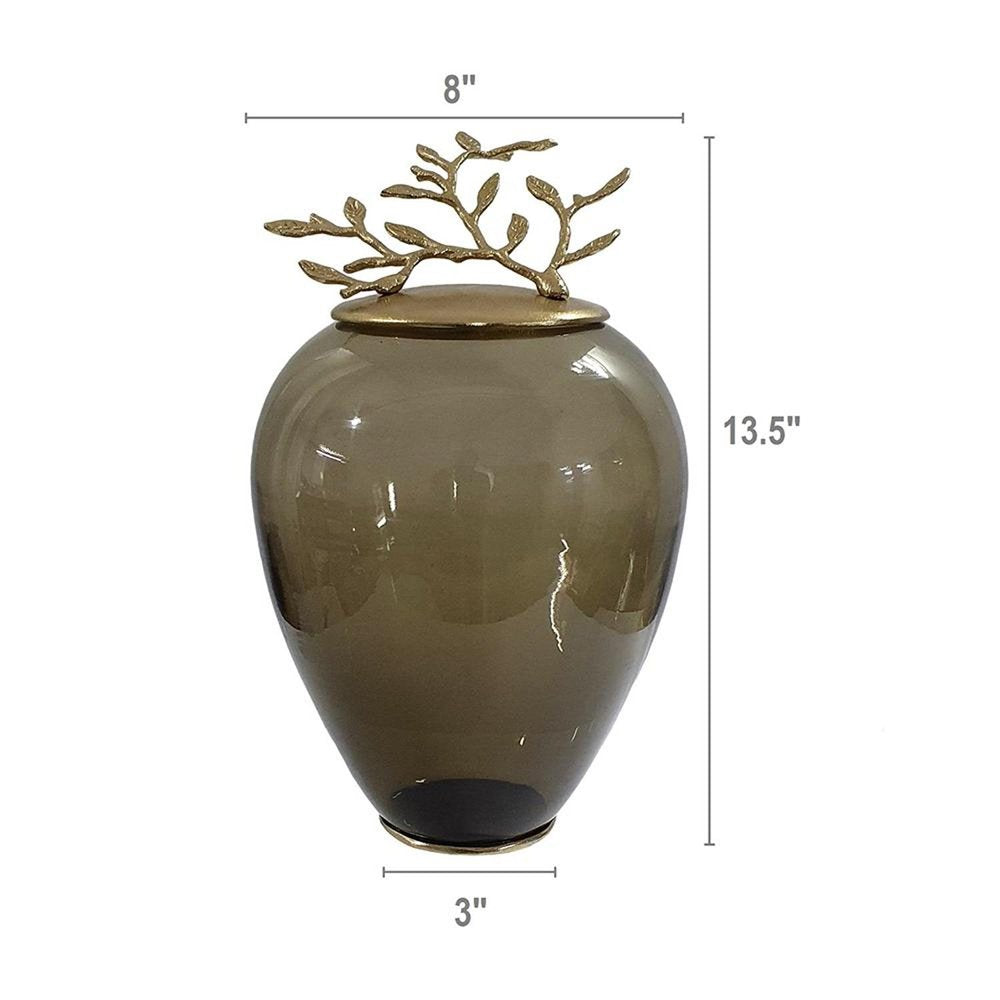 14" Dark Green And Gold Glass And Metal Round Ginger Jar HomeRoots