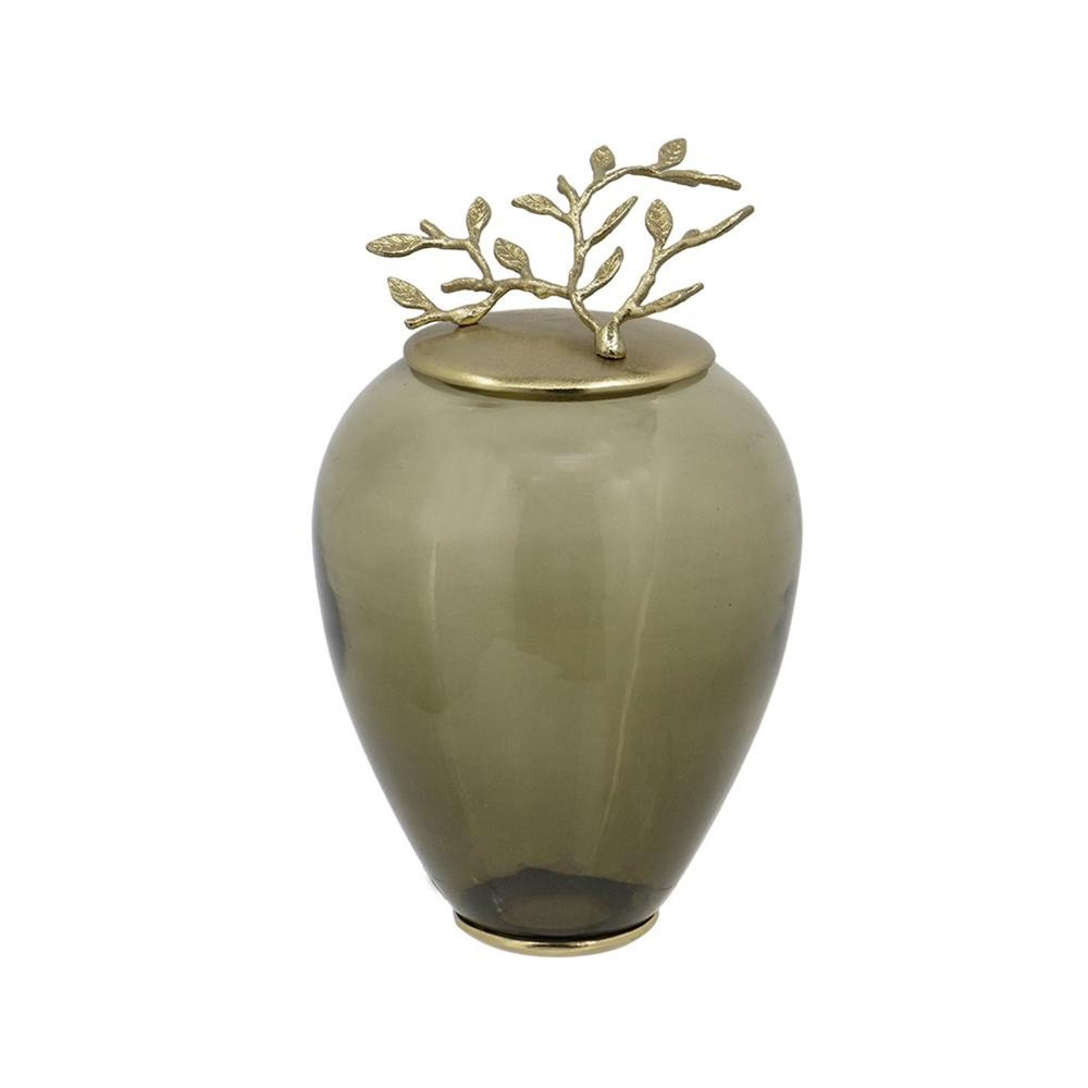 14" Dark Green And Gold Glass And Metal Round Ginger Jar HomeRoots