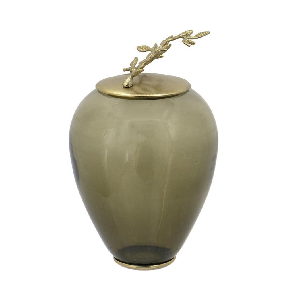 14" Dark Green And Gold Glass And Metal Round Ginger Jar HomeRoots