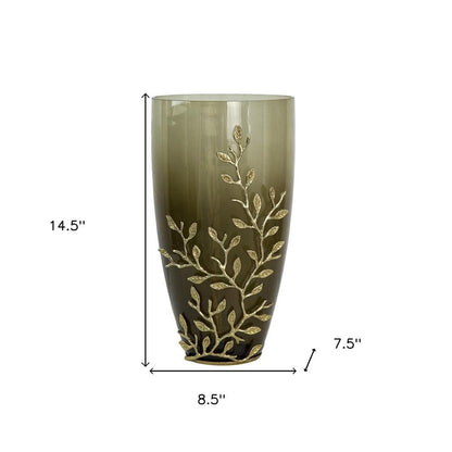 15" Dark Olive Green And Gold Branch Patterned Glass And Aluminum Table Vase HomeRoots