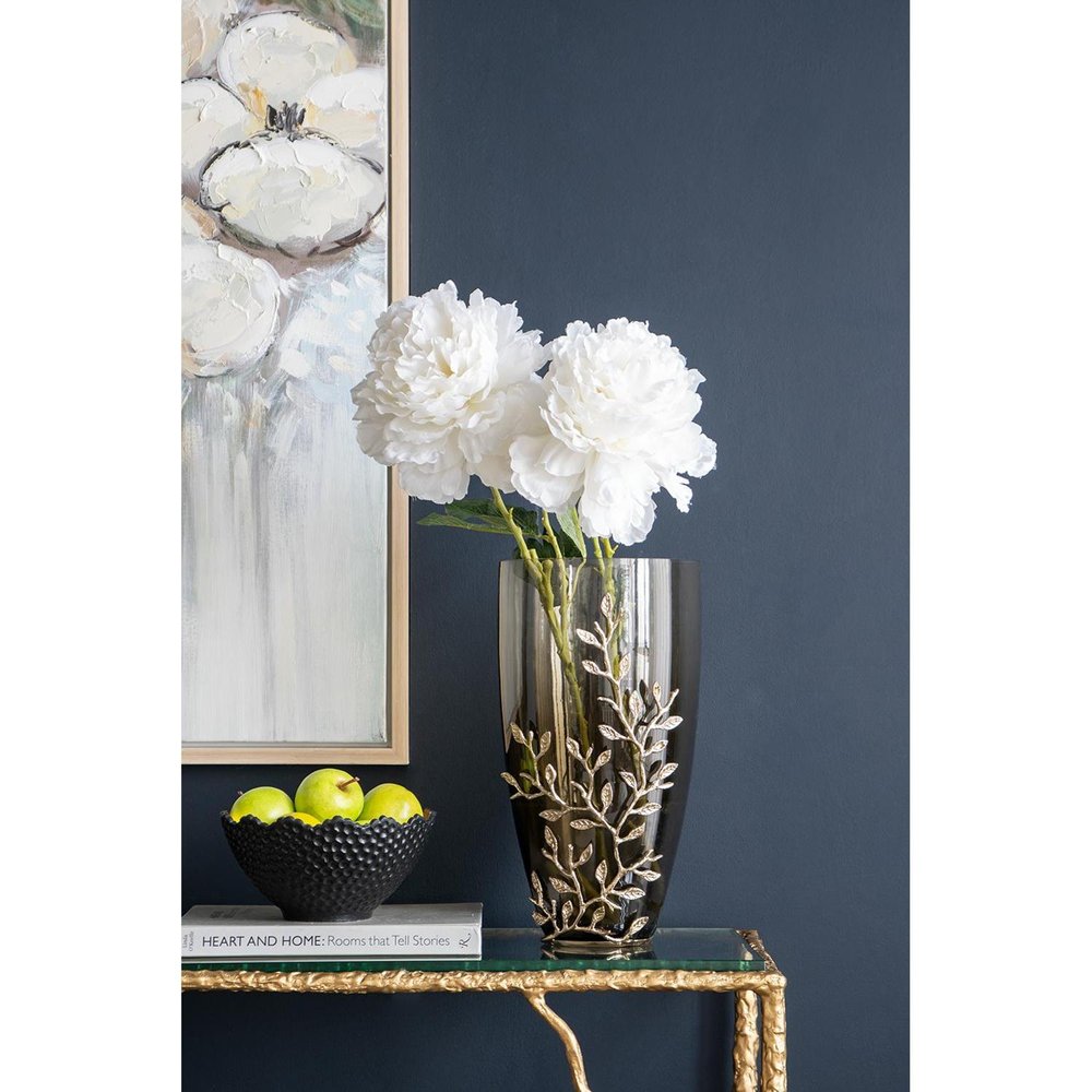 15" Dark Olive Green And Gold Branch Patterned Glass And Aluminum Table Vase HomeRoots