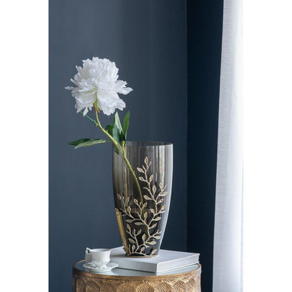 15" Dark Olive Green And Gold Branch Patterned Glass And Aluminum Table Vase HomeRoots