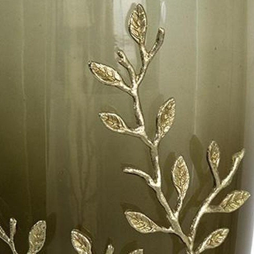 15" Dark Olive Green And Gold Branch Patterned Glass And Aluminum Table Vase HomeRoots