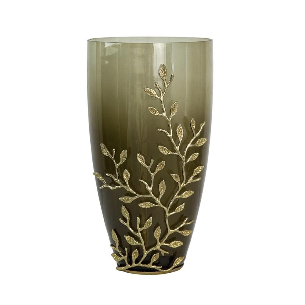 15" Dark Olive Green And Gold Branch Patterned Glass And Aluminum Table Vase HomeRoots