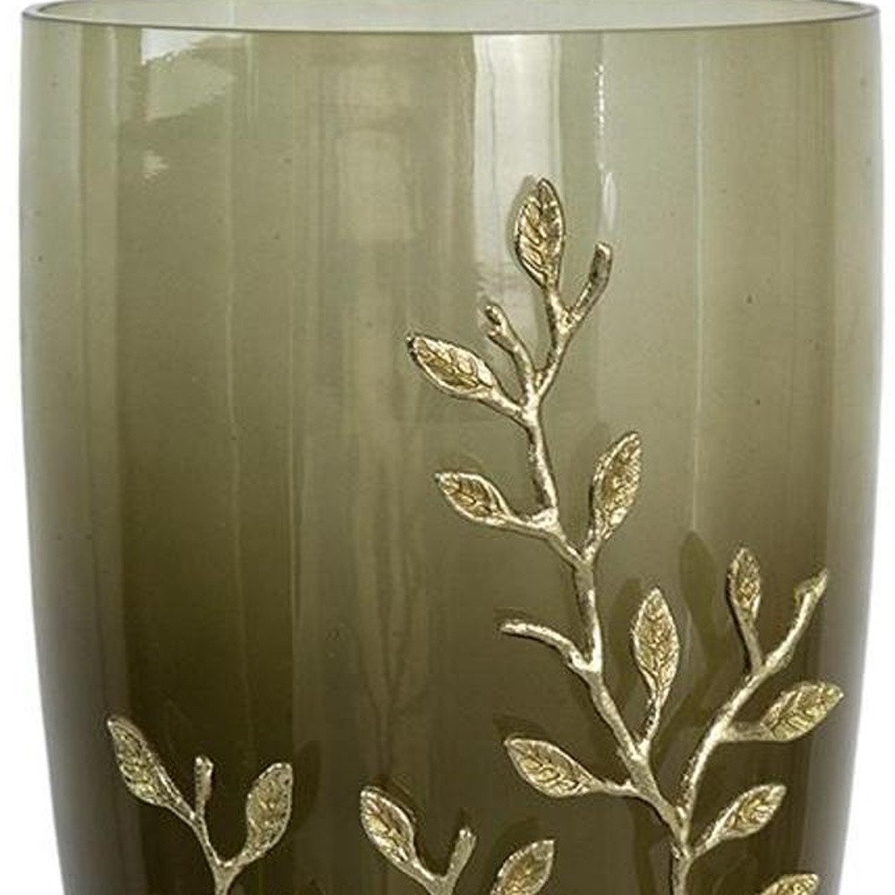 15" Dark Olive Green And Gold Branch Patterned Glass And Aluminum Table Vase HomeRoots