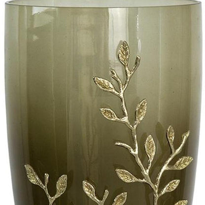 15" Dark Olive Green And Gold Branch Patterned Glass And Aluminum Table Vase HomeRoots