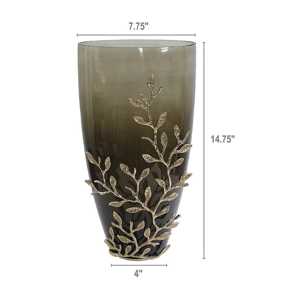 15" Dark Olive Green And Gold Branch Patterned Glass And Aluminum Table Vase HomeRoots