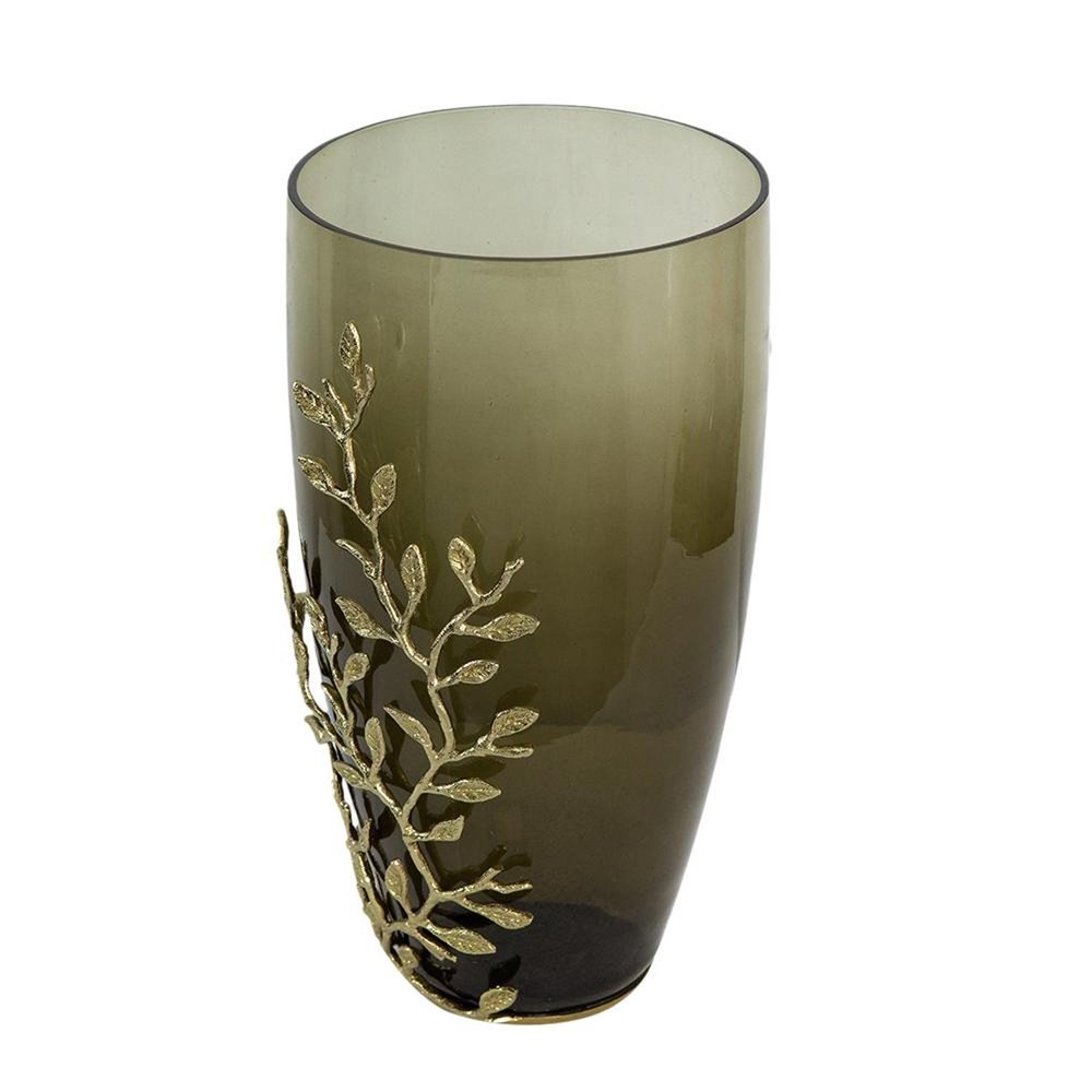 15" Dark Olive Green And Gold Branch Patterned Glass And Aluminum Table Vase HomeRoots