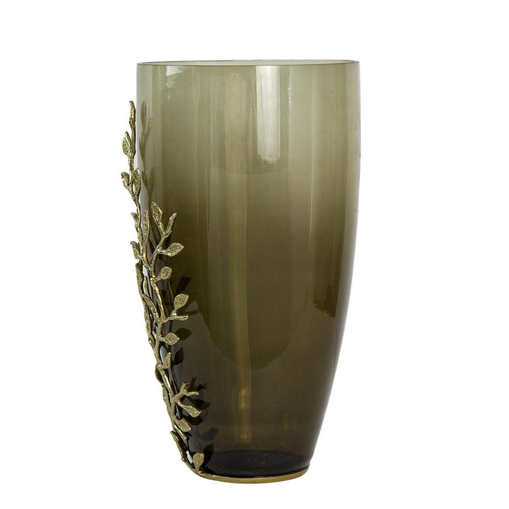 15" Dark Olive Green And Gold Branch Patterned Glass And Aluminum Table Vase HomeRoots