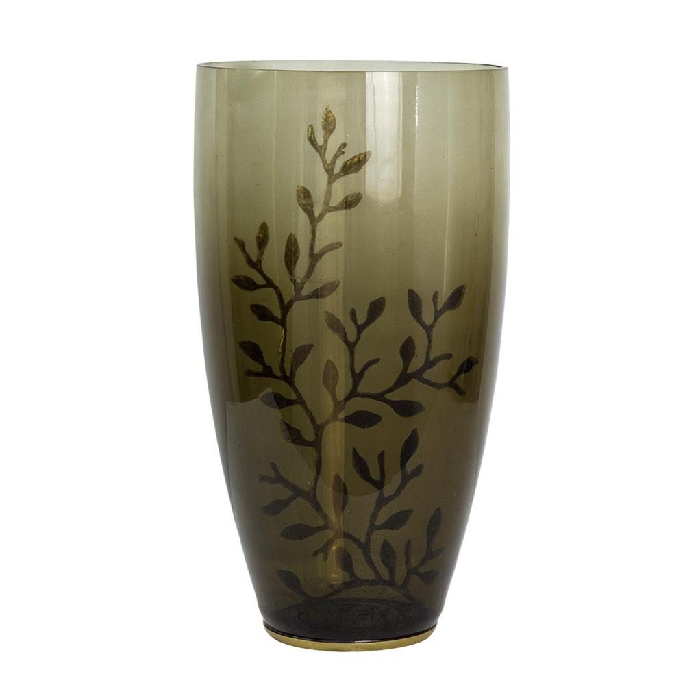 15" Dark Olive Green And Gold Branch Patterned Glass And Aluminum Table Vase HomeRoots