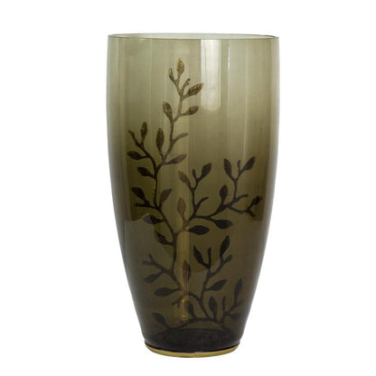 15" Dark Olive Green And Gold Branch Patterned Glass And Aluminum Table Vase HomeRoots
