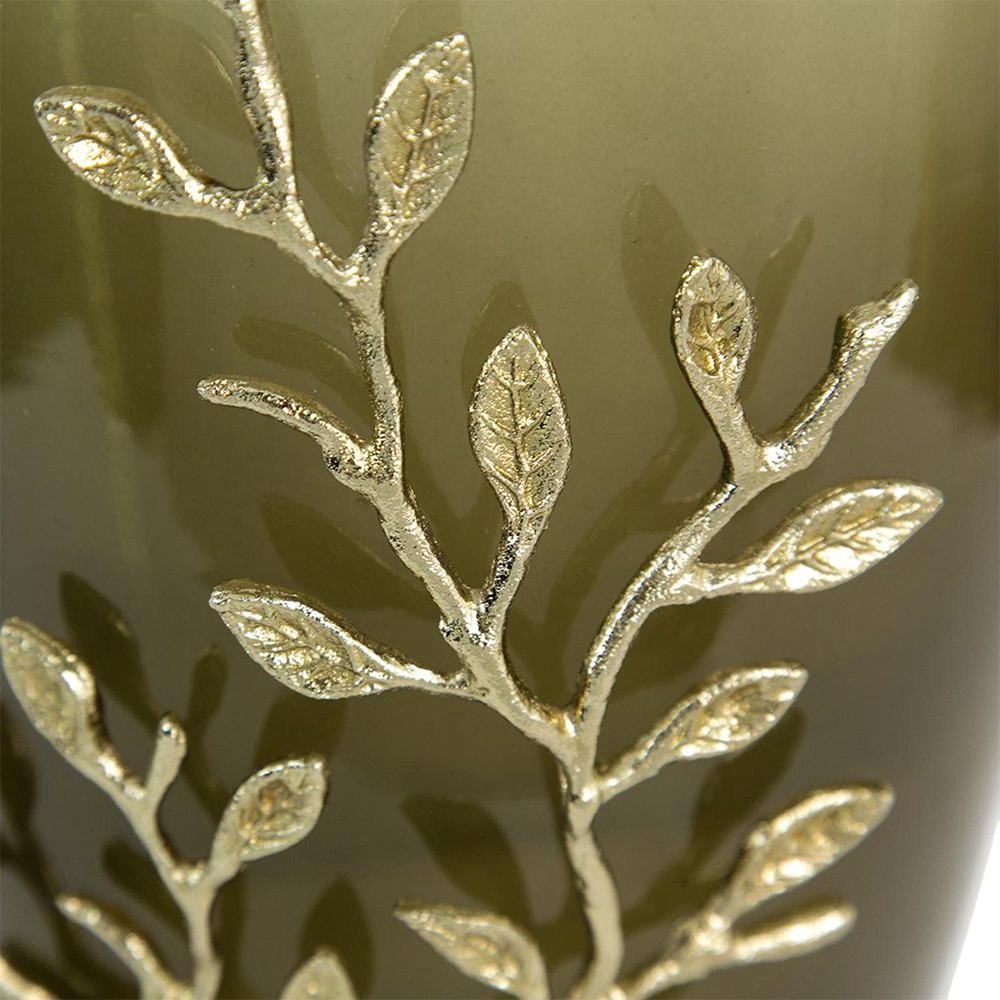 15" Dark Olive Green And Gold Branch Patterned Glass And Aluminum Table Vase HomeRoots