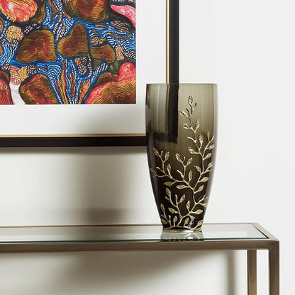 15" Dark Olive Green And Gold Branch Patterned Glass And Aluminum Table Vase HomeRoots