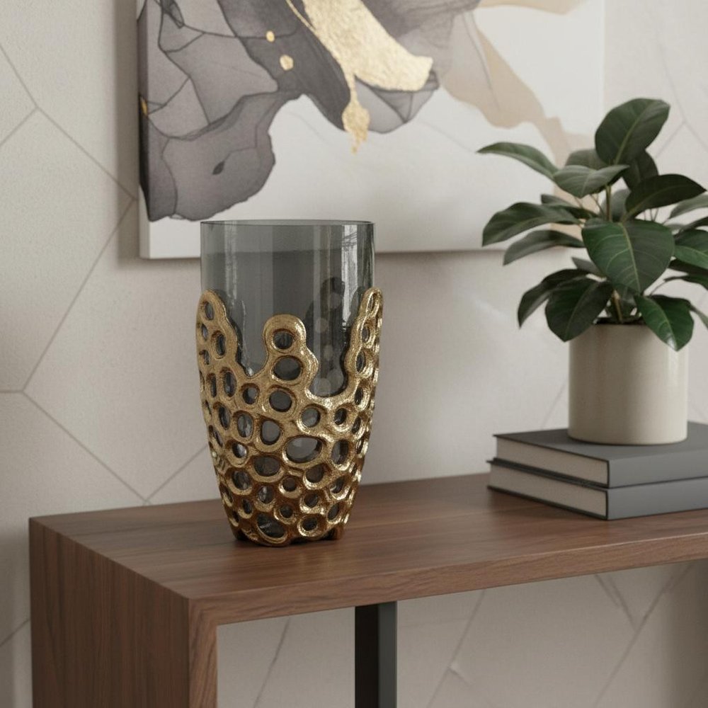 11" Black And Gold Glass And Aluminum Geo Circles Table Vase HomeRoots