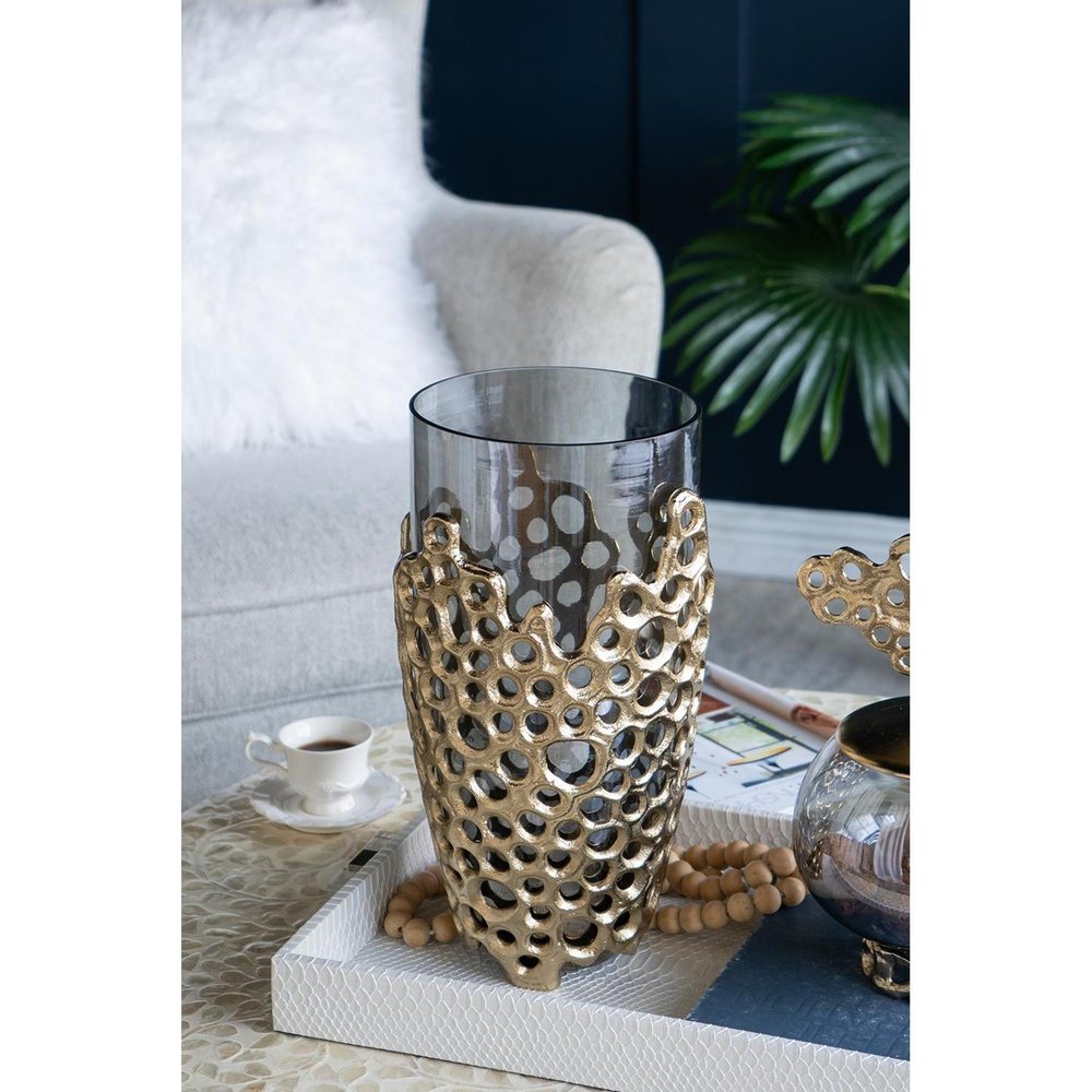 15" Black And Gold Aluminum And Glass Cylinder Table Vase HomeRoots