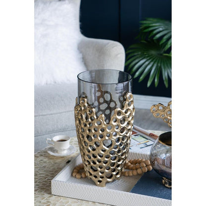 15" Black And Gold Aluminum And Glass Cylinder Table Vase HomeRoots