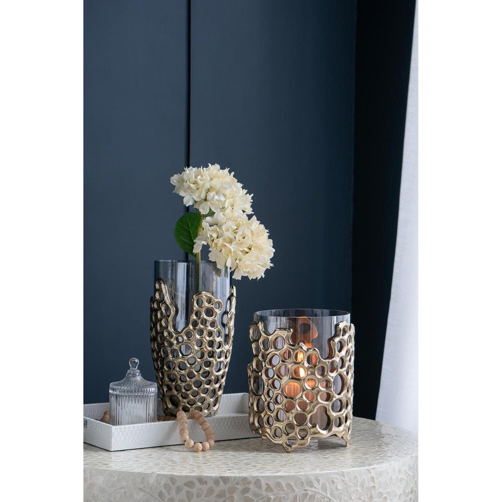 15" Black And Gold Aluminum And Glass Cylinder Table Vase HomeRoots