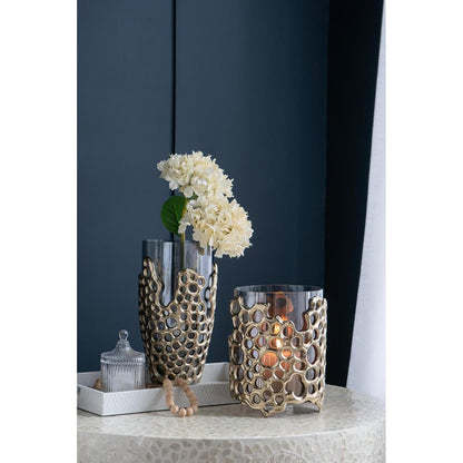 15" Black And Gold Aluminum And Glass Cylinder Table Vase HomeRoots