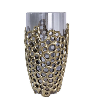 15" Black And Gold Aluminum And Glass Cylinder Table Vase HomeRoots