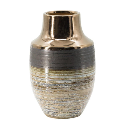 11" Brown And Bronze Striped Ceramic Round Table Vase HomeRoots