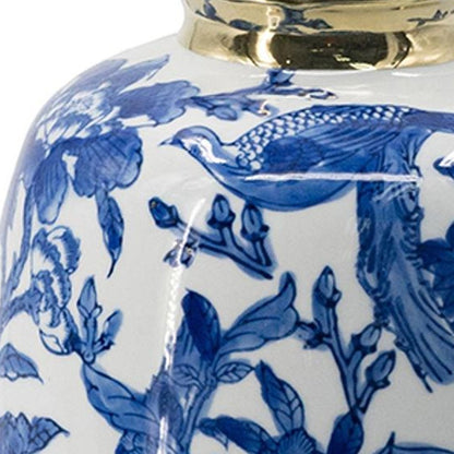 11" Blue White And Gold Chinoiserie Floral Porcelain Table Vase HomeRoots