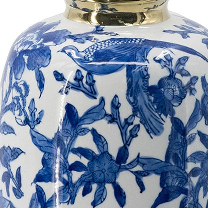 11" Blue White And Gold Chinoiserie Floral Porcelain Table Vase HomeRoots