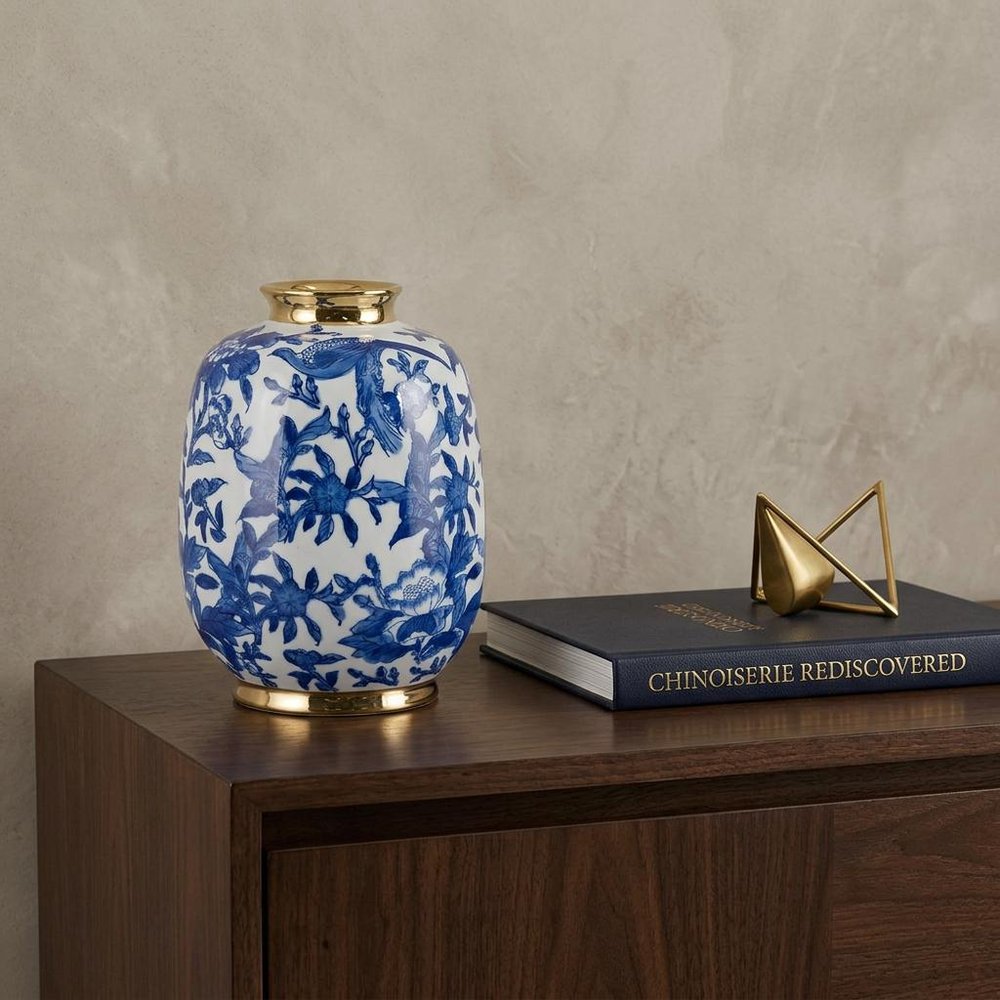 11" Blue White And Gold Chinoiserie Floral Porcelain Table Vase HomeRoots