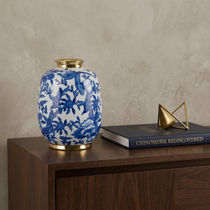 11" Blue White And Gold Chinoiserie Floral Porcelain Table Vase HomeRoots