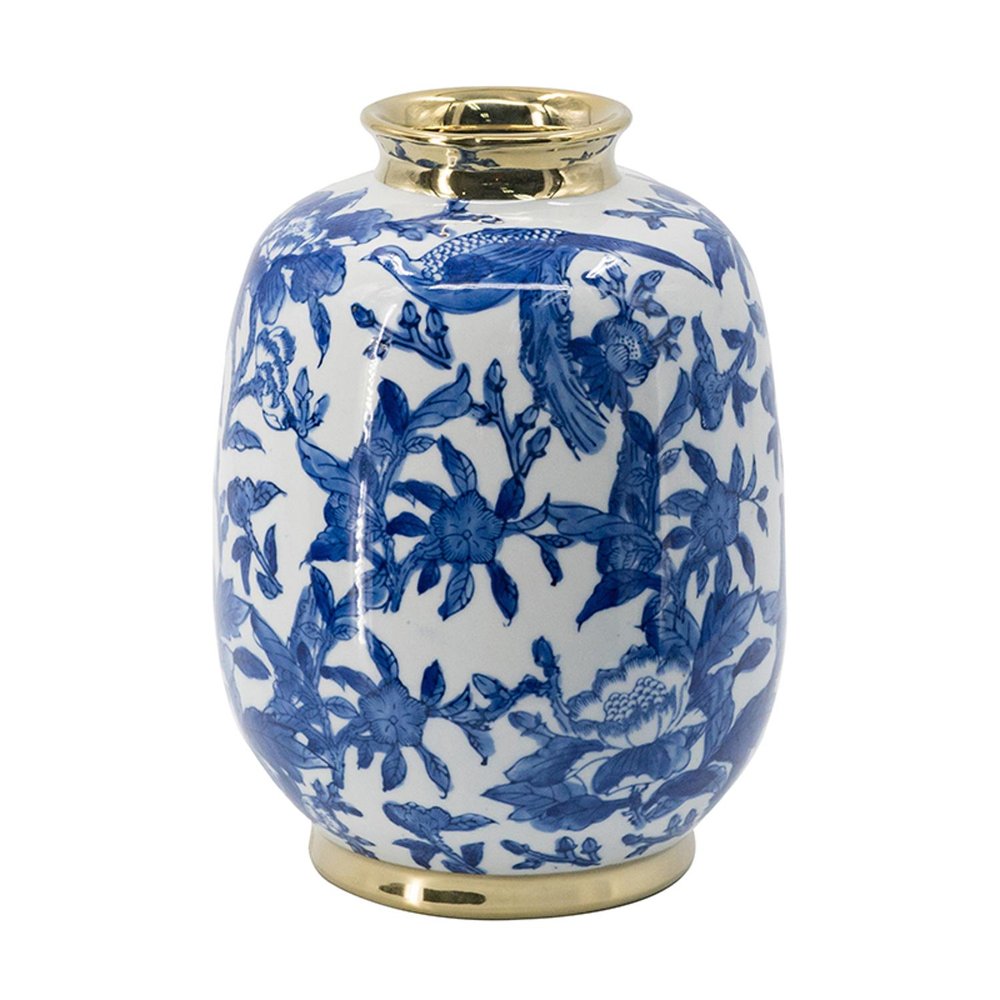 11" Blue White And Gold Chinoiserie Floral Porcelain Table Vase HomeRoots
