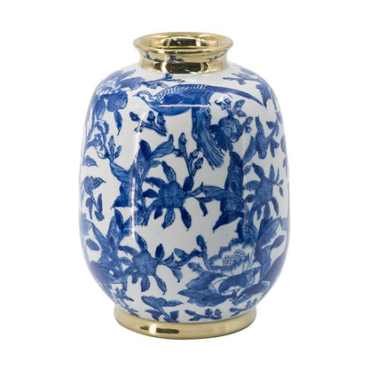 11" Blue White And Gold Chinoiserie Floral Porcelain Table Vase HomeRoots