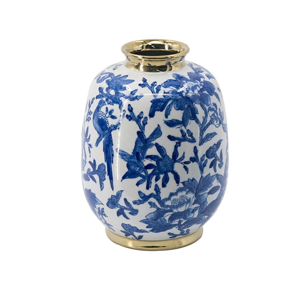 11" Blue White And Gold Chinoiserie Floral Porcelain Table Vase HomeRoots