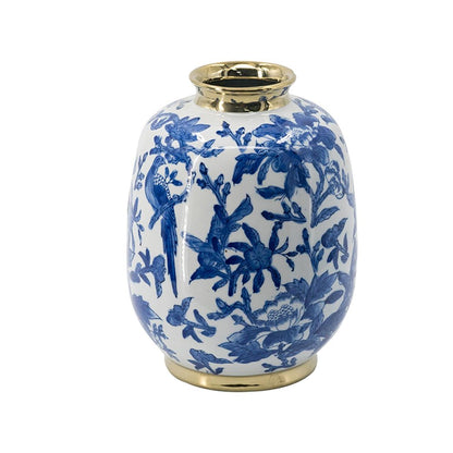 11" Blue White And Gold Chinoiserie Floral Porcelain Table Vase HomeRoots