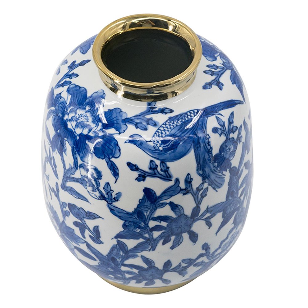 11" Blue White And Gold Chinoiserie Floral Porcelain Table Vase HomeRoots
