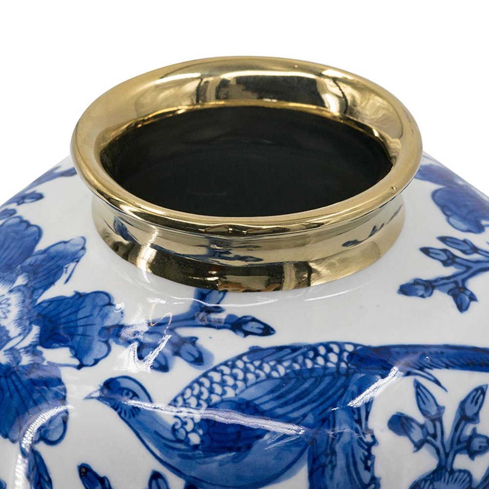 11" Blue White And Gold Chinoiserie Floral Porcelain Table Vase HomeRoots