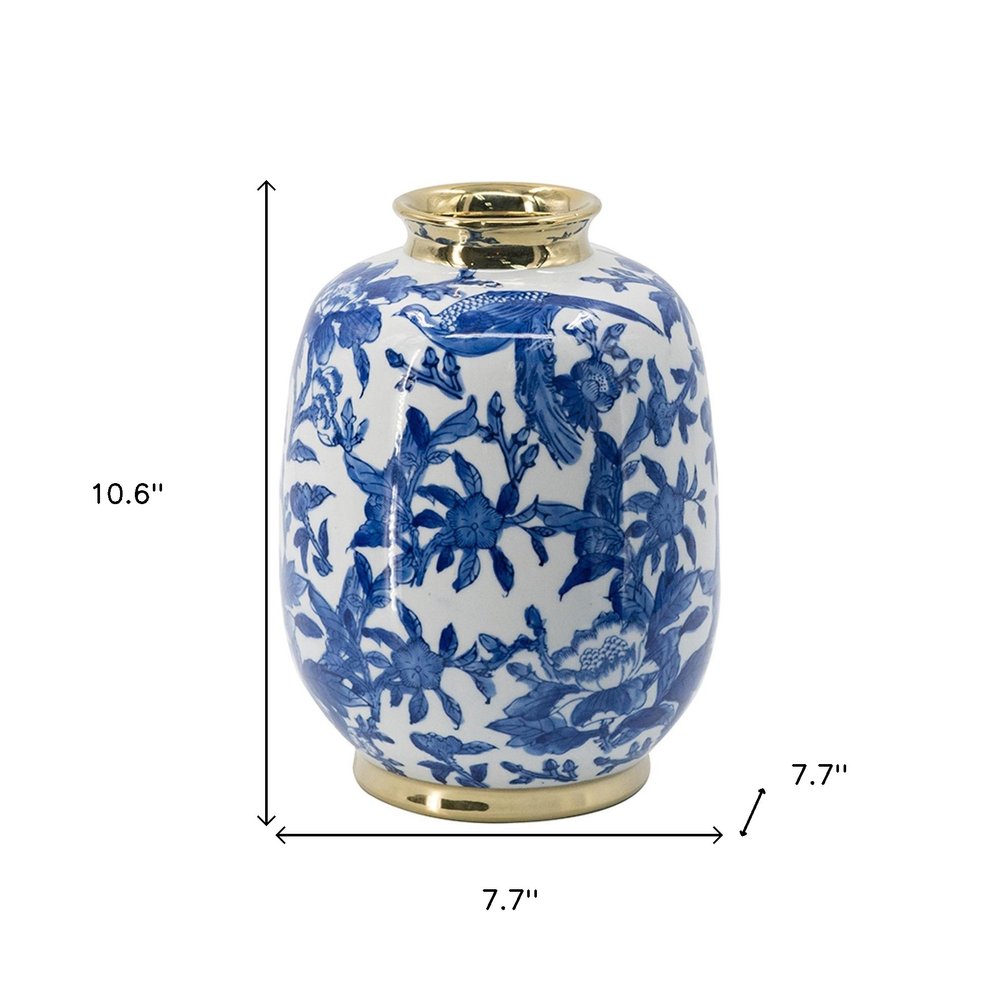 11" Blue White And Gold Chinoiserie Floral Porcelain Table Vase HomeRoots