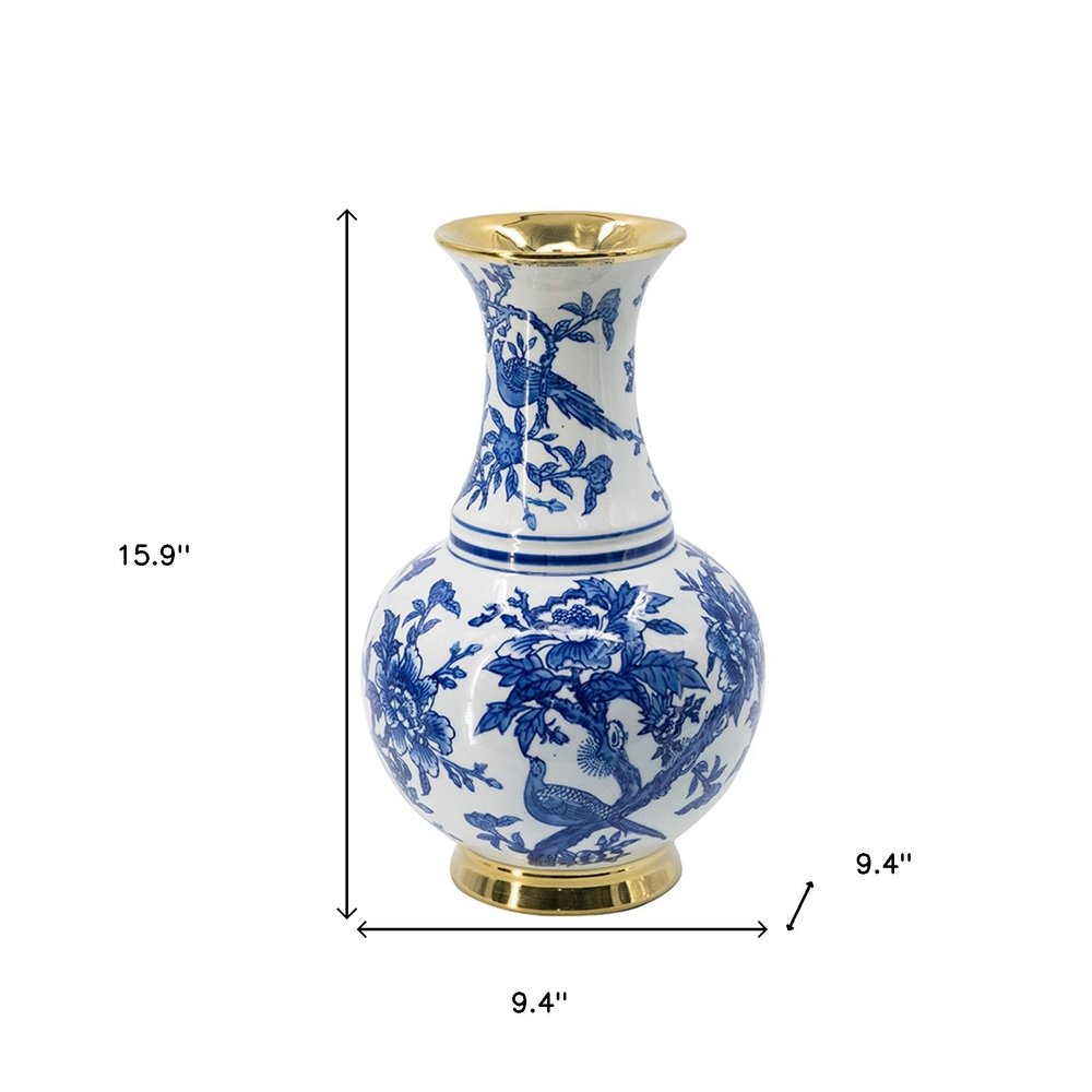 16" Blue White And Gold Chinoiserie Floral Porcelain Table Vase HomeRoots
