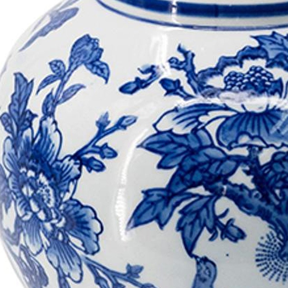 16" Blue White And Gold Chinoiserie Floral Porcelain Table Vase HomeRoots