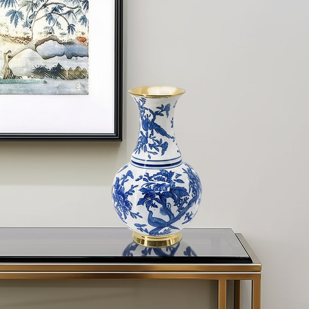 16" Blue White And Gold Chinoiserie Floral Porcelain Table Vase HomeRoots