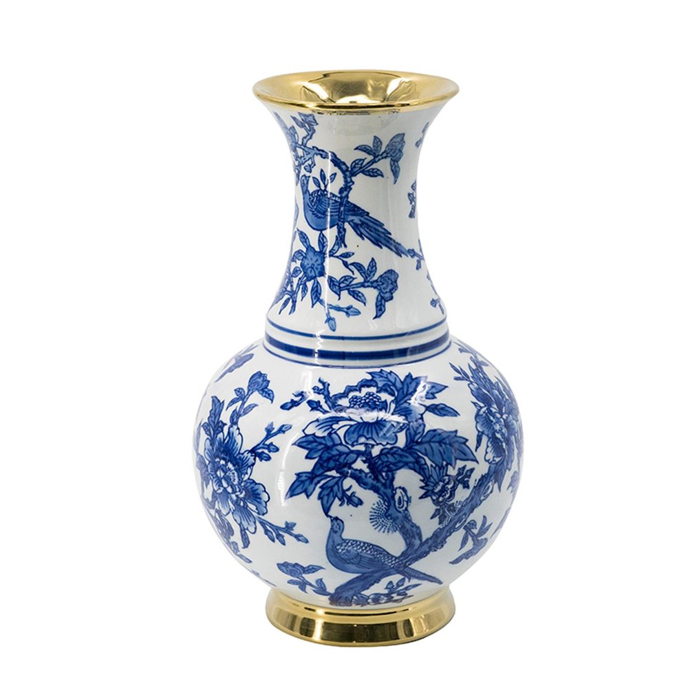 16" Blue White And Gold Chinoiserie Floral Porcelain Table Vase HomeRoots