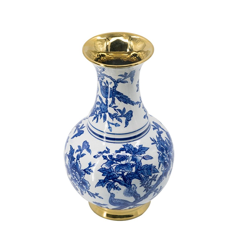 16" Blue White And Gold Chinoiserie Floral Porcelain Table Vase HomeRoots