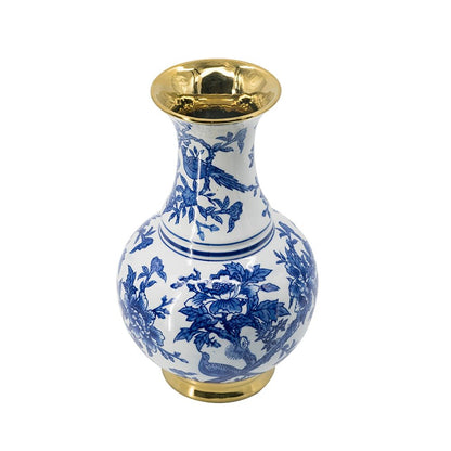 16" Blue White And Gold Chinoiserie Floral Porcelain Table Vase HomeRoots
