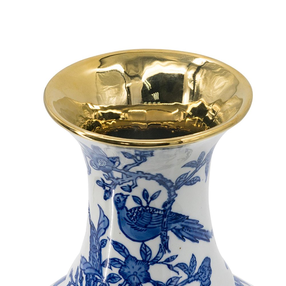 16" Blue White And Gold Chinoiserie Floral Porcelain Table Vase HomeRoots