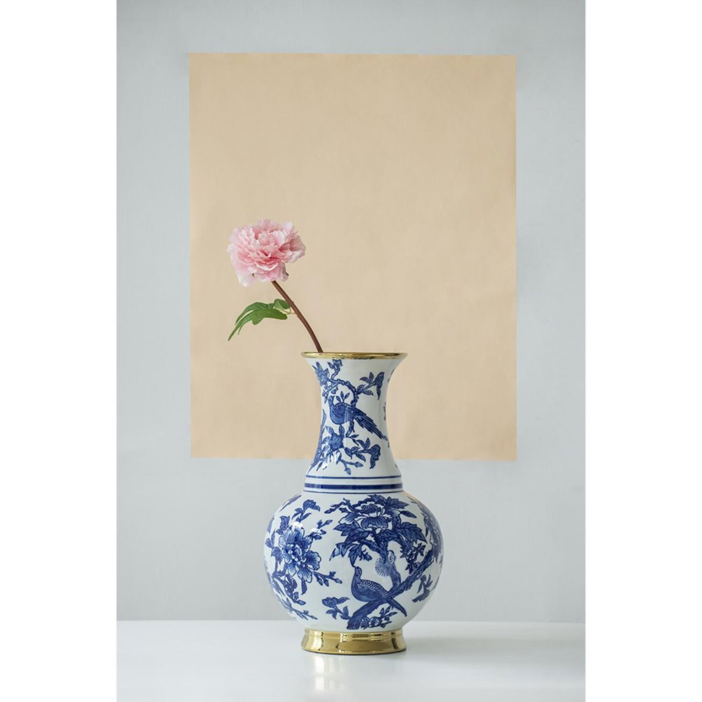 16" Blue White And Gold Chinoiserie Floral Porcelain Table Vase HomeRoots