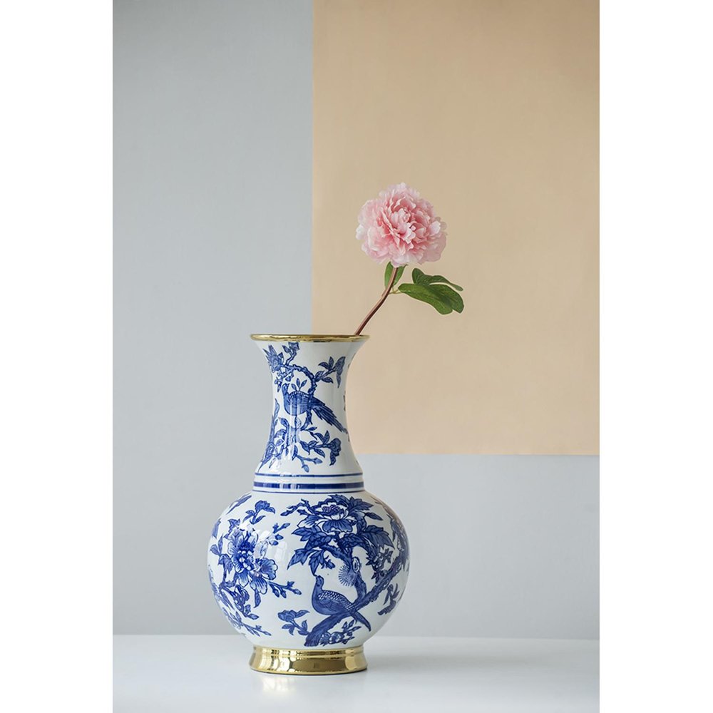 16" Blue White And Gold Chinoiserie Floral Porcelain Table Vase HomeRoots